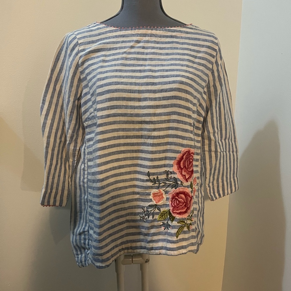 Striped Blue and White Top with Floral Embroidery - Picture 1 of 4